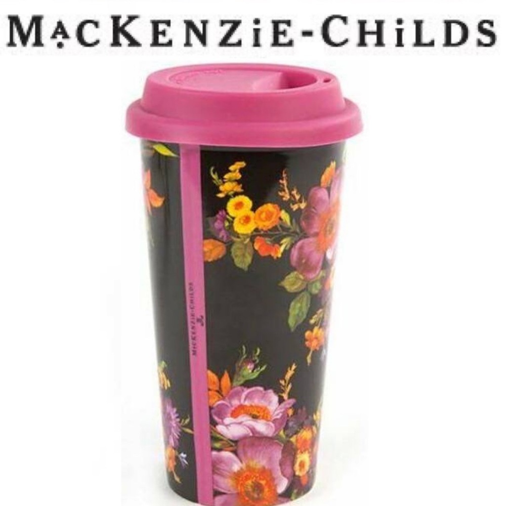 MacKenzie-Childs Black Travel Mug with Pink Floral Design